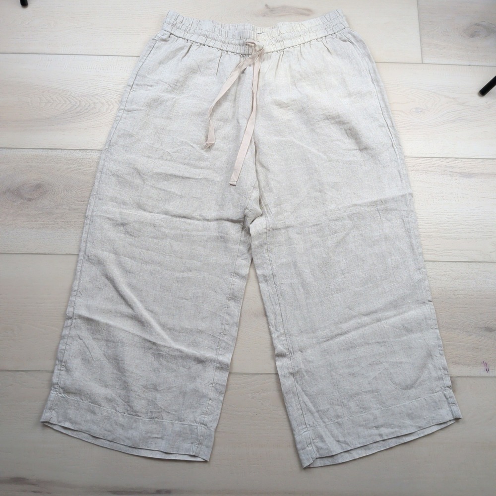 J.Crew Wide Leg Seaside Linen Cropped Pants Womens L Beige Drawstring AY501
